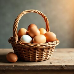Rustic wooden table holds wicker basket overflowing with vibrant, fresh eggs , diet, country