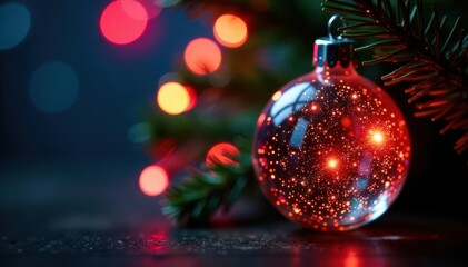Fototapeta premium Close-up of multicolored Christmas tree lights reflecting on glass ornament , winter, antique