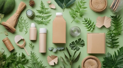Eco Friendly Packaging Design Sustainable Cardboard Boxes Bottles and Green Leaves Natural Product Branding Mockup for Organic Cosmetics Beauty       