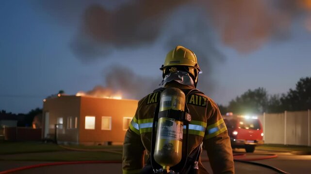 Brave firefighter in protective gear facing burning building at night. Male emergency responder at structure fire scene with smoke and flames. Heroic first responder during rescue operation.