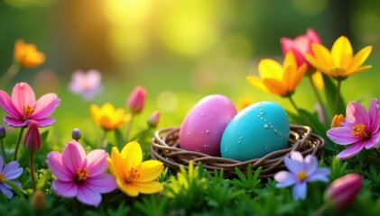 Fototapeta premium Colorful eggs nestled amongst vibrant spring blooms in a lush garden , springtime, macro photography, spring garden