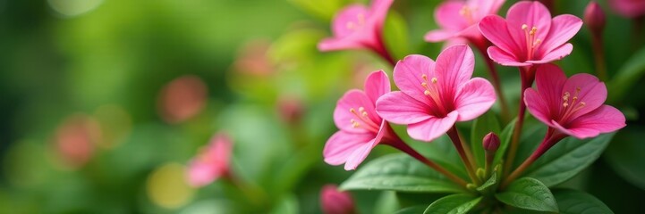 Fototapeta premium Vibrant pink flowers, green foliage, shallow depth of field, image, floral photography, springtime