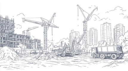 Obraz premium Construction site sketch, cranes, city buildings, progress, illustration, architectural, engineering drawing, use in books, magazines, etc.