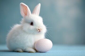 Obraz premium Fluffy white bunny with pastel egg.