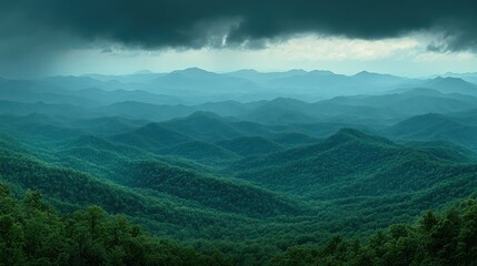 Fototapeta premium Vast mountain range stretches under a stormy sky. Lush green forests blanket the rolling hills. A panoramic view of the Appalachian landscape