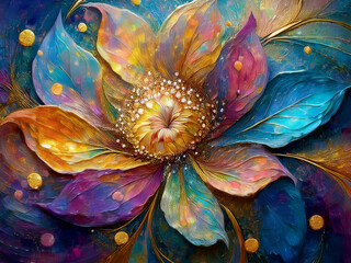 spring flowers abstract art resembling a swirling galaxy with a central core of golden light