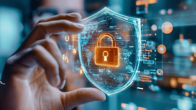 Cybersecurity shield protects digital infrastructure. Advanced technology visualizes network protection mechanisms.