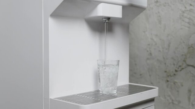Woman presses a cup of hot water from the water purifier and put it back. Close up look at the glass cup in the kitchen.