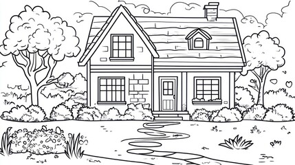 Simple Drawing of a Charming Country Cottage with Lush Garden, Coloring Book Illustration