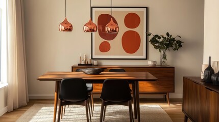 Mid-century modern dining room, sunlight, apartment, artwork
