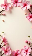 Fototapeta premium Creamy textured backdrop, delicate pink blooms frame , aged, paper