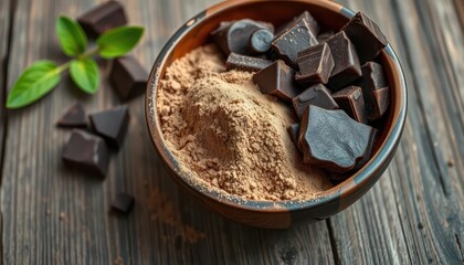 Fototapeta premium Dark chocolate chunks & cocoa powder in rustic bowl on wood, ingredient, sweet
