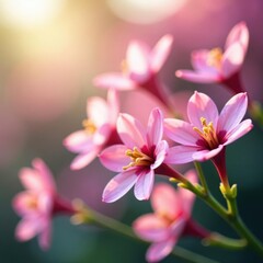 Obraz premium Vibrant macro shot of blossoms, bokeh effect, green stems, leaves, vibrant