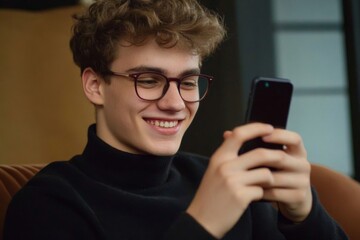 Fototapeta premium Young Man Enjoys Technology While Texting on Phone in Cozy Living Room Setting