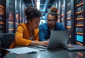 Two professionals collaborating on a laptop in a server room
