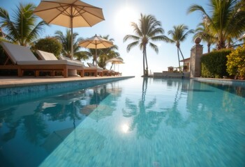 Serene poolside view with palm trees and sun umbrellas at a tropical resort