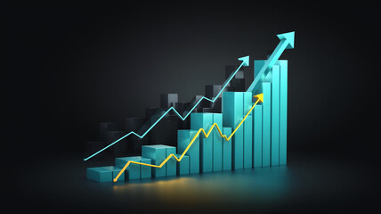 3D teal bar graph with upward trending yellow and cyan arrows, showcasing growth, success, and progress in business, ideal for financial presentations or reports