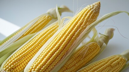 A freshly shucked ear of golden yellow corn placed centrally on a pristine white background