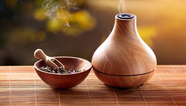 "Essential Oils and Diffuser in a Bowl on a Wooden Surface &ndash; Aromatherapy Concept"