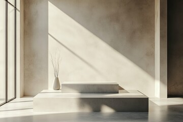 Architectural space with platform and natural sunlight coming through a window