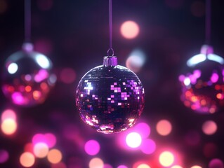 Fototapeta premium Hanging pink disco balls with blurred lights 
