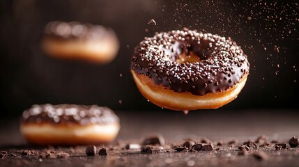 Delicious Chocolate Glazed Donut Sprinkles Sweet Treat Pastry Food Photography Brown Background Tasty Dessert Confectionery Bakery Item Sweetness     