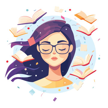 Dreaming Girl Book Lover Cartoon Vector Concept
