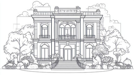 Architectural sketch of a grand building, city landscape, outdoors, detailed design, for illustration purposes