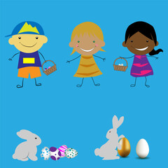  Traditions of Great Britain, Happy Easter, Bunny hides eggs and children with basket search, vector illustration EPS10.