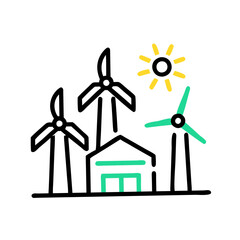 Farm with wind turbines icon featuring renewable energy sources and sunshine ,concept of care of nature and people