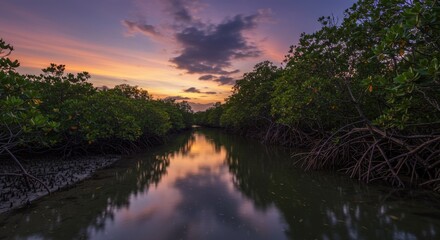Obraz premium Celestial Mangrove Canals of Papua Diagonal Twilight Flow with Glowing Plankton