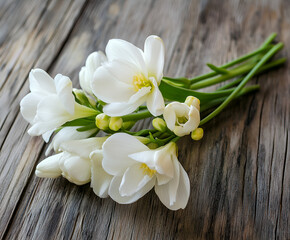 Naklejka premium White freesia blossom on wooden background. Close up