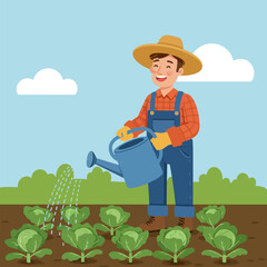Farmer Watering Cabbage Plants in a Garden on a Sunny Day