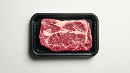 Freshly cut beef steak displayed on a black tray against a clean white background, ready for cooking or grilling