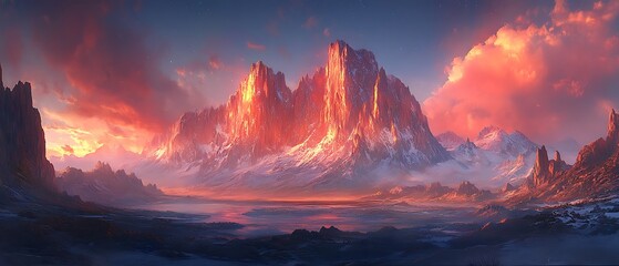 Majestic mountain range glowing in golden hour light.
