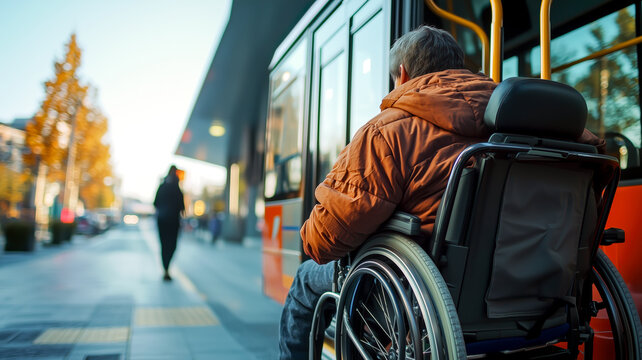 Accessible transportation: Person in wheelchair boarding a public transit bus, promoting inclusivity and mobility solutions.