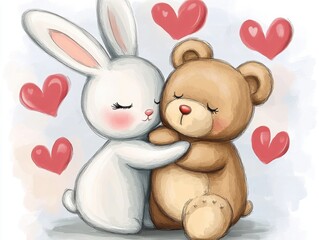 Fototapeta premium Bunny and teddy bear hugging with hearts 