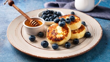 cottage cheese fritters syrniki served with fresh blueberries and honey