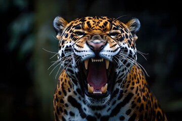 Obraz premium Jaguar roaring in the forest in a dark attractive lighting style