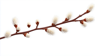 Fototapeta premium Willow Branch with Buds and Fluffy Blossoms Isolated on White Background – Simple Cutout Illustration