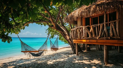 Naklejka premium Hammocks Hanging on Beach Near Tropical Hut with Turquoise Water