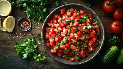 Vibrant tomato salad, fresh and ready to eat.  A mix of chopped tomatoes, herbs, and spices, perfect as a side dish or appetizer.  Served in a bowl, surrounded by fresh ingredients