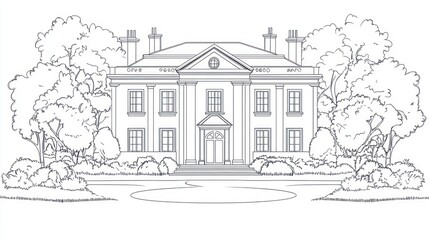 Obraz premium Classic Estate Drawing, Exterior, Lush Landscaping, Architectural Design, Great for real estate, home decor, or design inspiration