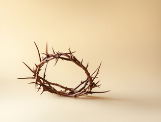 Fototapeta premium Dramatic Crown of Thorns on Beige - Raymond Saille-Inspired Sacred Art with Copy Space, Symbolizing Christ's Sacrifice - Easter Wallpaper for Faith-Based Design, Church Media & Spiritual Branding