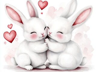 Cute bunnies hugging with hearts illustration	