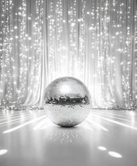 Disco ball on glossy floor with silver curtain	
