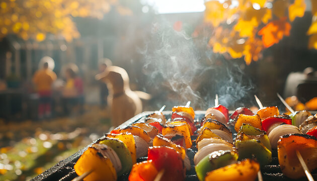 Family enjoying a backyard barbecue with grilled vegetables and a playful dog. Concept of outdoor cooking, family leisure, pet companionship