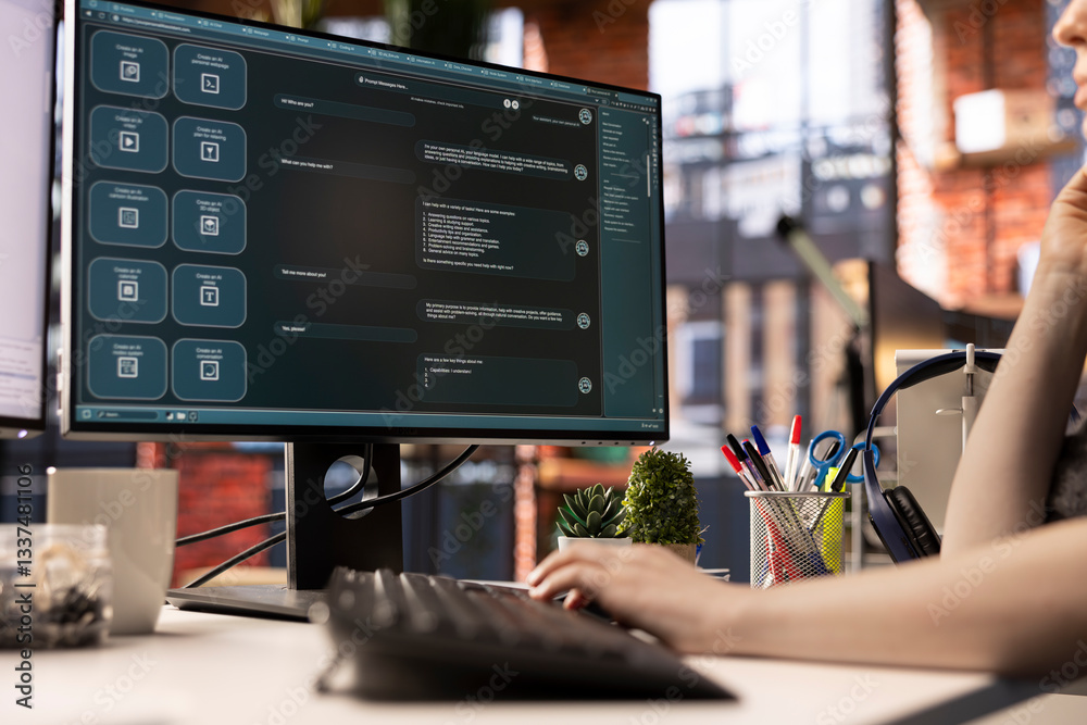 Poster freelancer woman employs online ai assistant to automate text generation and solve daily tasks easil