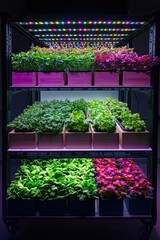 Vertical farm illuminated with LED lights growing vegetables