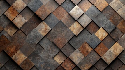 Textured wall featuring a geometric pattern of rust-colored and gray tiles arranged in a dynamic layout